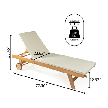 Mallorca 77.56"x23.62" Modern Classic Adjustable Acacia Wood Chaise Outdoor Lounge Chair with Cushion & Wheels